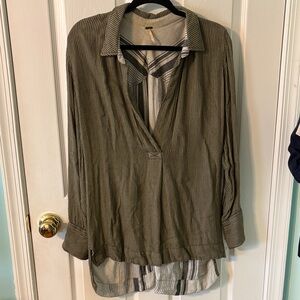 Free People Olive Striped Blouse